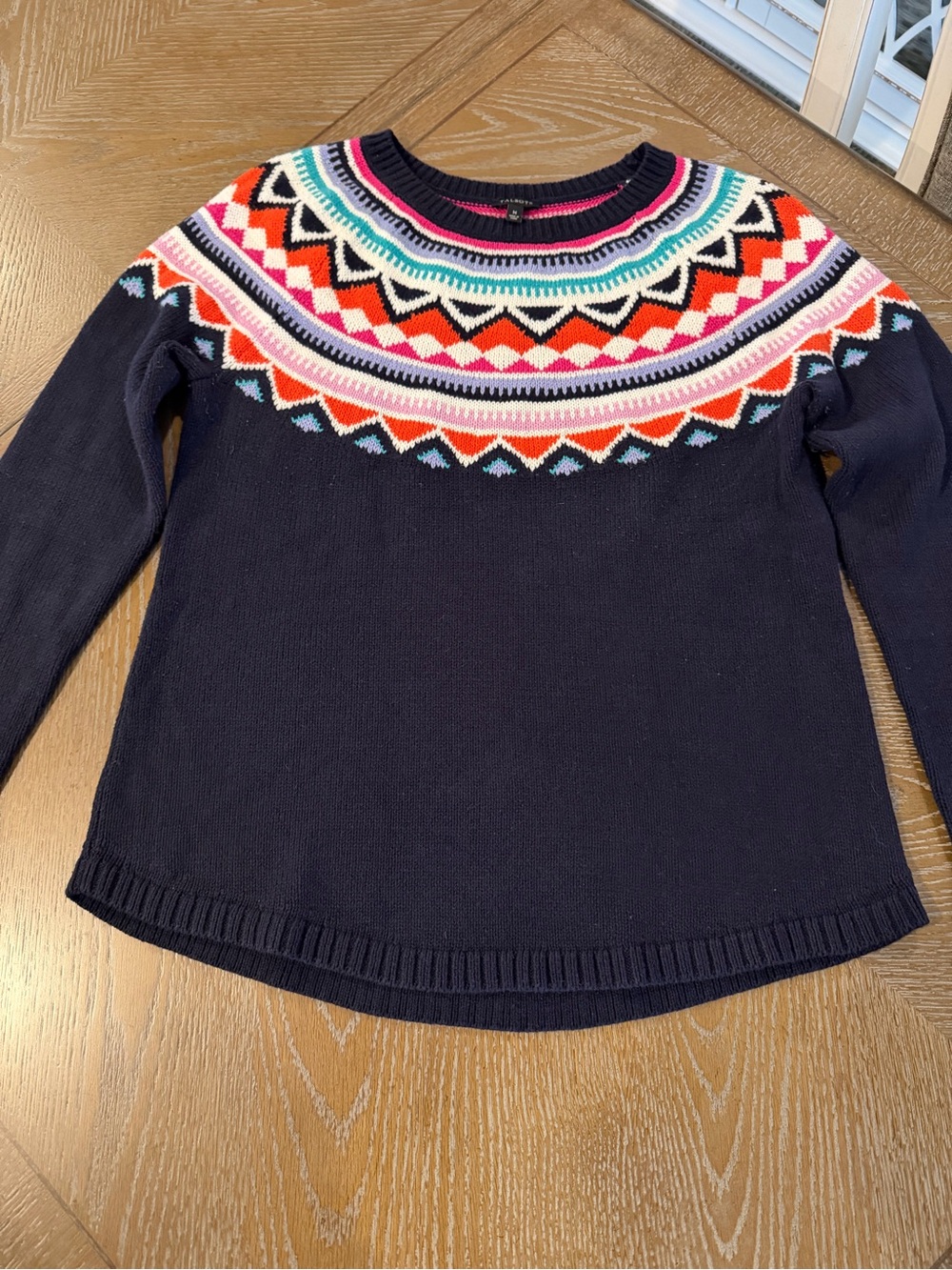 Talbots Navy Crewneck Sweater with Multicolor Fair Isle Yoke -size Med